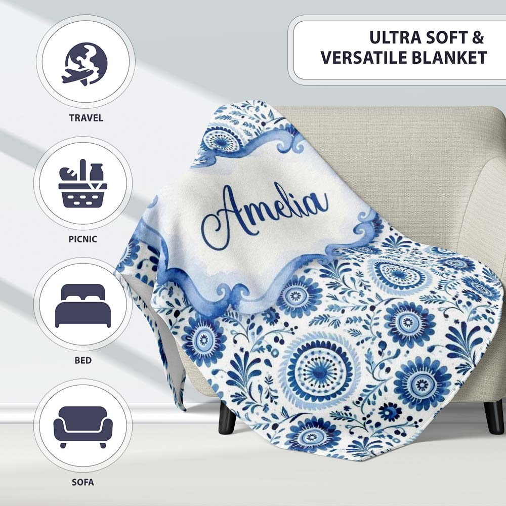 Blue Folk Art Floral Paisley Seamless Pattern Cute Personalised Custom Name Super Soft Fleece Blanket Bed Sofa Throw