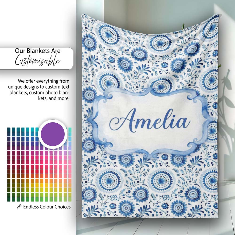 Blue Folk Art Floral Paisley Seamless Pattern Cute Personalised Custom Name Super Soft Fleece Blanket Bed Sofa Throw