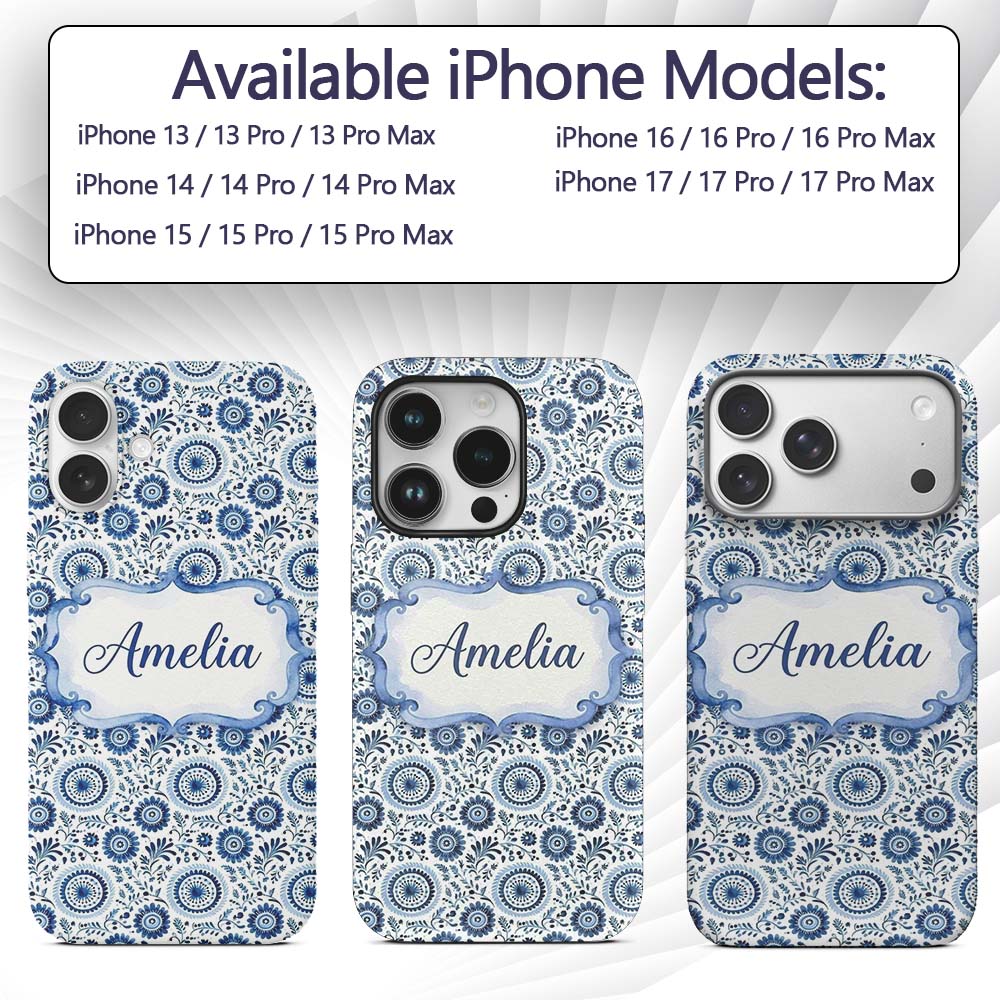 Blue Folk Art Floral Paisley Seamless Pattern Custom Name Protective Phone Case Mobile Cover Durable Everyday Smartphone Shock Resistant