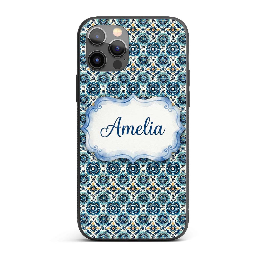 Blue Floral Geometric Tile Seamless Pattern Name Custom Name Protective Phone Case Mobile Cover Durable Everyday Smartphone Shock Resistant