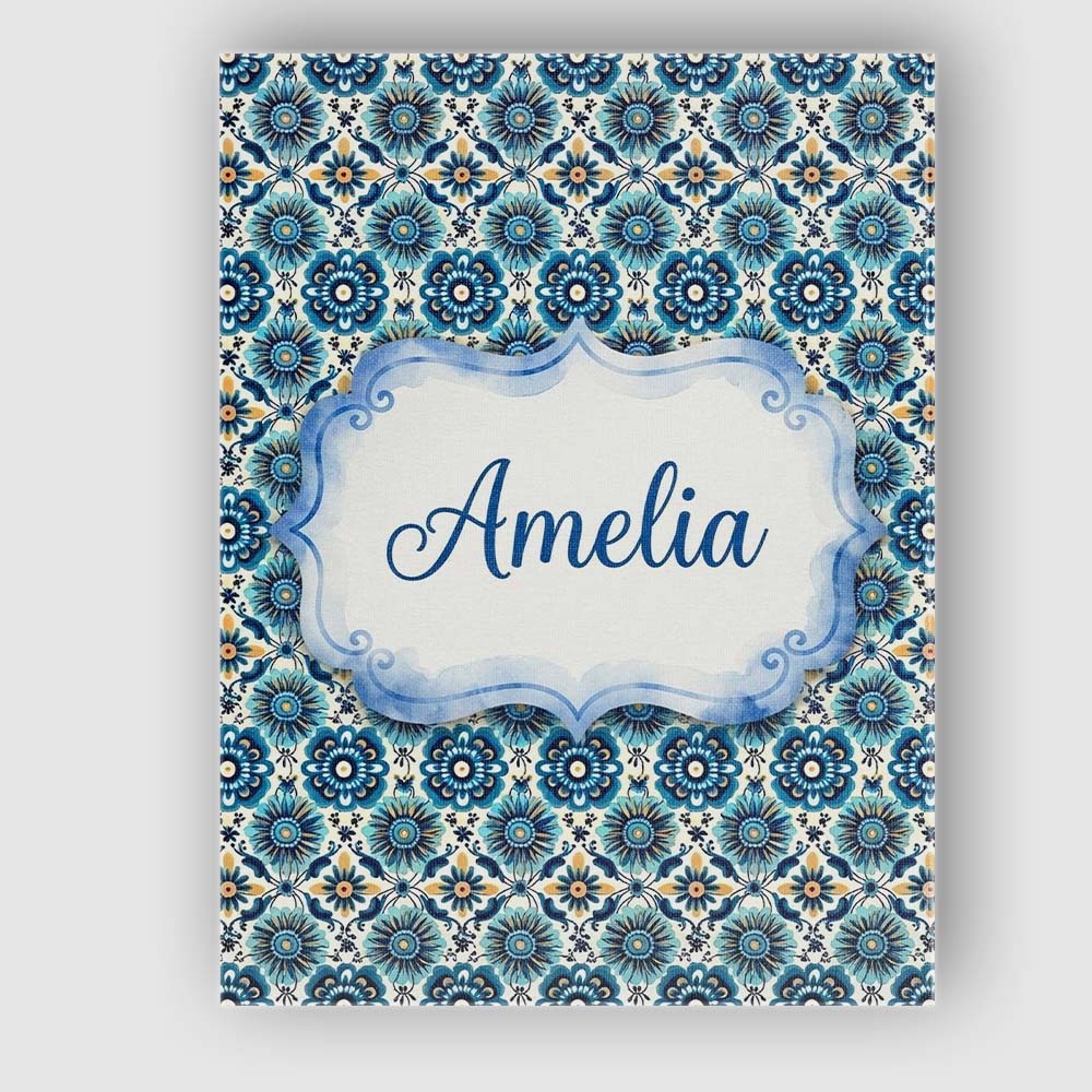 Personalised Name Blue Floral Geometric Custom Modern Room Accent Elegant Feature Canvas Wall Art Print Decor Picture Ready to Hang