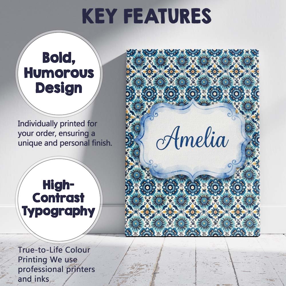 Personalised Name Blue Floral Geometric Custom Modern Room Accent Elegant Feature Canvas Wall Art Print Decor Picture Ready to Hang