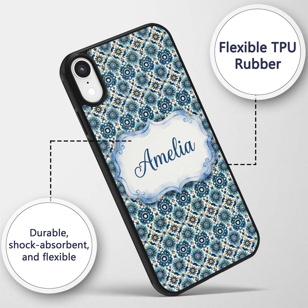 Blue Floral Geometric Tile Seamless Pattern Name Custom Name Protective Phone Case Mobile Cover Durable Everyday Smartphone Shock Resistant