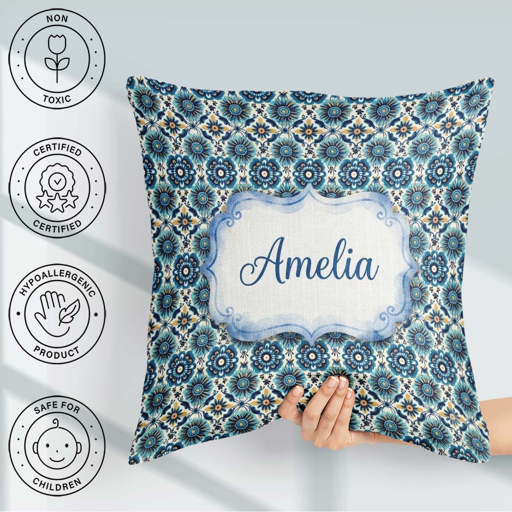 Custom Name Blue Floral Geometric Tile Seamless Pattern Name Square Filled Cushion Throw Pillow Sofa Bed Home Decor Zip Washable UK Made