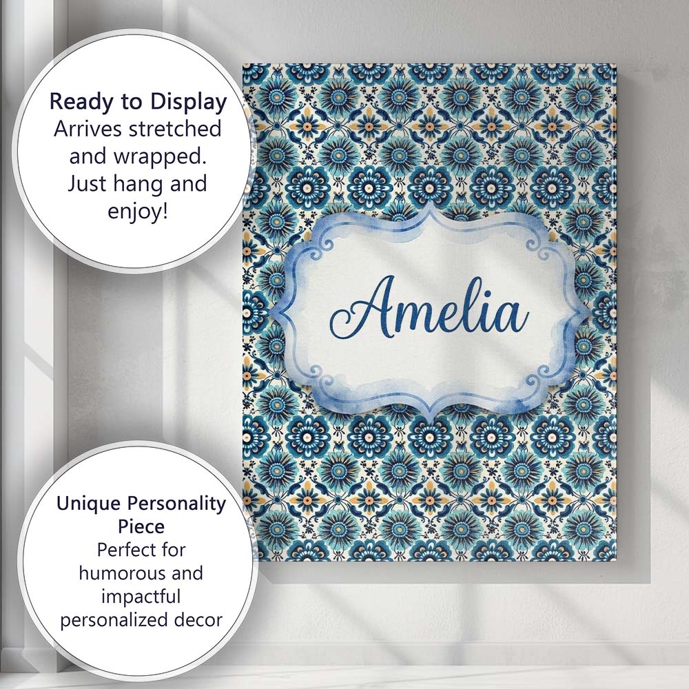 Personalised Name Blue Floral Geometric Custom Modern Room Accent Elegant Feature Canvas Wall Art Print Decor Picture Ready to Hang