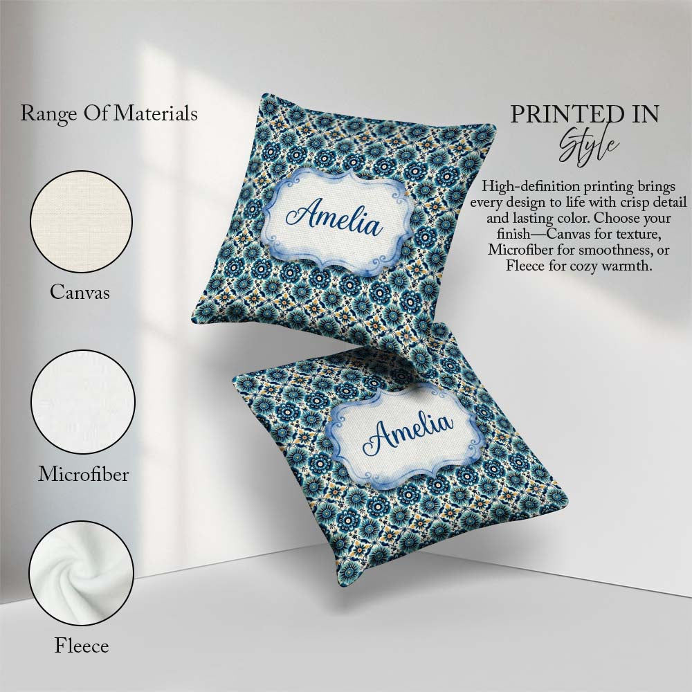 Custom Name Blue Floral Geometric Tile Seamless Pattern Name Square Filled Cushion Throw Pillow Sofa Bed Home Decor Zip Washable UK Made