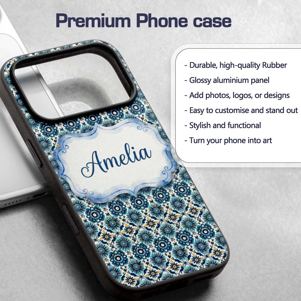 Blue Floral Geometric Tile Seamless Pattern Name Custom Name Protective Phone Case Mobile Cover Durable Everyday Smartphone Shock Resistant