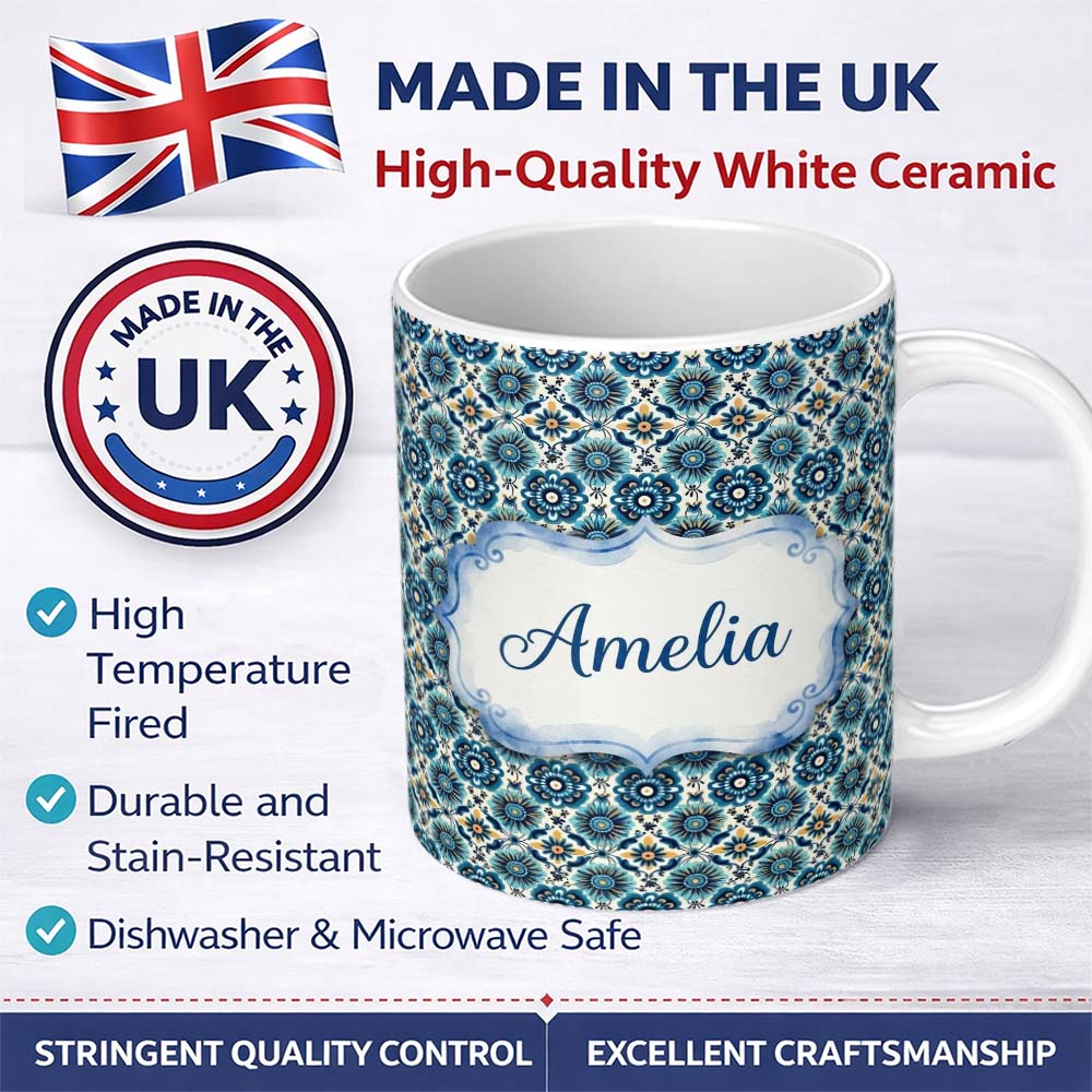 Personalized Custom Name Blue Floral Geometric Tile Seamless Pattern Name Cute Unique Gift 11oz Ceramic Coffee Tea Mug White Large Handle