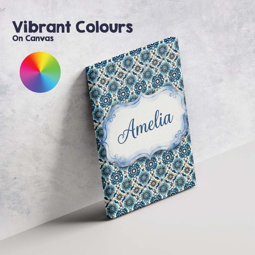 Personalised Name Blue Floral Geometric Custom Modern Room Accent Elegant Feature Canvas Wall Art Print Decor Picture Ready to Hang