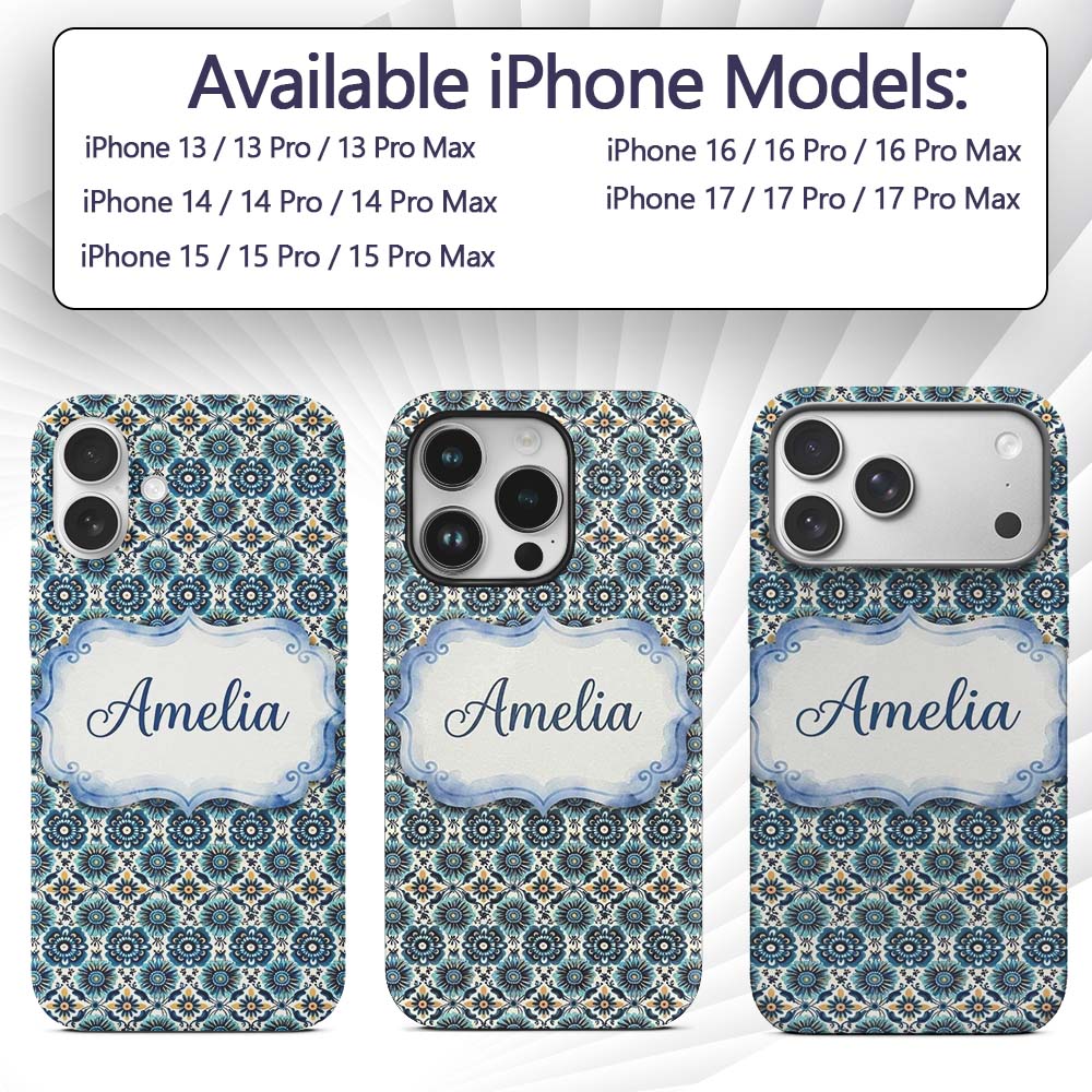 Blue Floral Geometric Tile Seamless Pattern Name Custom Name Protective Phone Case Mobile Cover Durable Everyday Smartphone Shock Resistant
