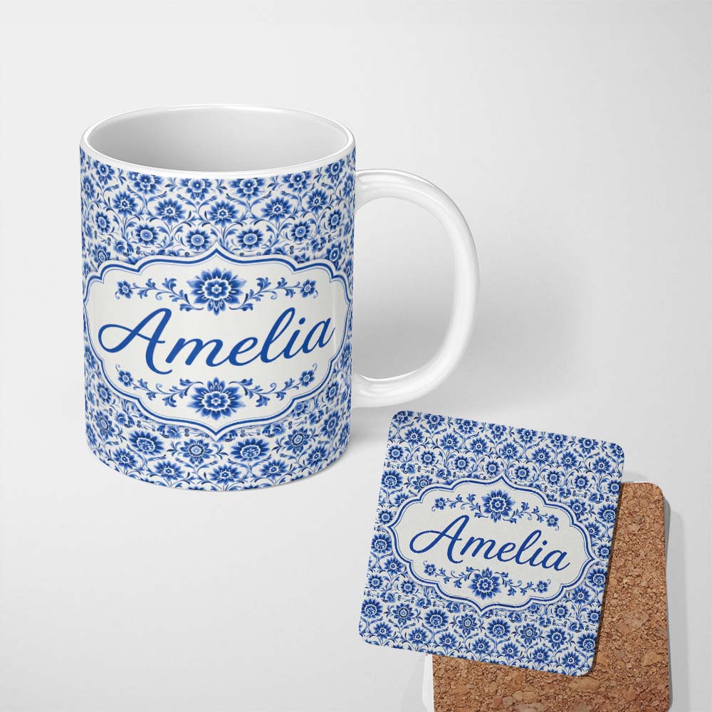 Personalized Custom Name Blue Vintage Botanical Floral Repeat Seamless Pattern Name Cute 11oz Ceramic Coffee Tea Mug White Large Handle