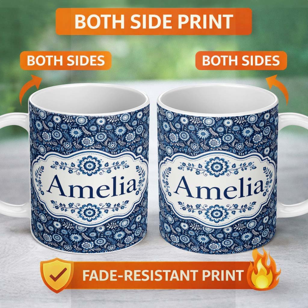Personalized Custom Name Navy Blue Floral Meadow Botanical Seamless Pattern Name Cute Unique 11oz Ceramic Coffee Tea Mug White Large Handle