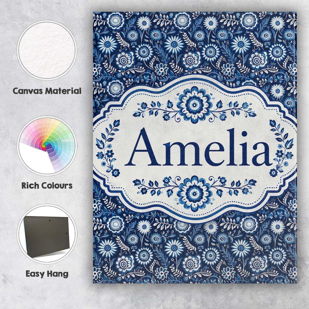 Personalised Name Navy Blue Floral Meadow Custom Unique Gift Idea Elegant Feature Canvas Wall Art Print Decor Picture Ready to Hang