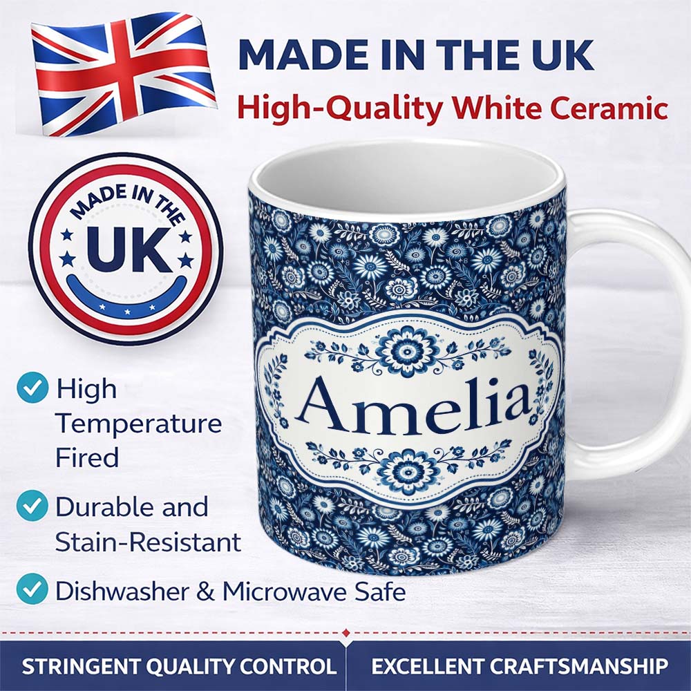 Personalized Custom Name Navy Blue Floral Meadow Botanical Seamless Pattern Name Cute Unique 11oz Ceramic Coffee Tea Mug White Large Handle