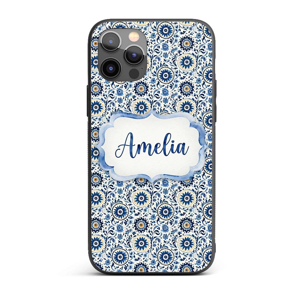 Blue Ornamental Folk Floral Seamless Pattern Name Custom Name Protective Phone Case Mobile Cover Durable Everyday Smartphone Shock Resistant