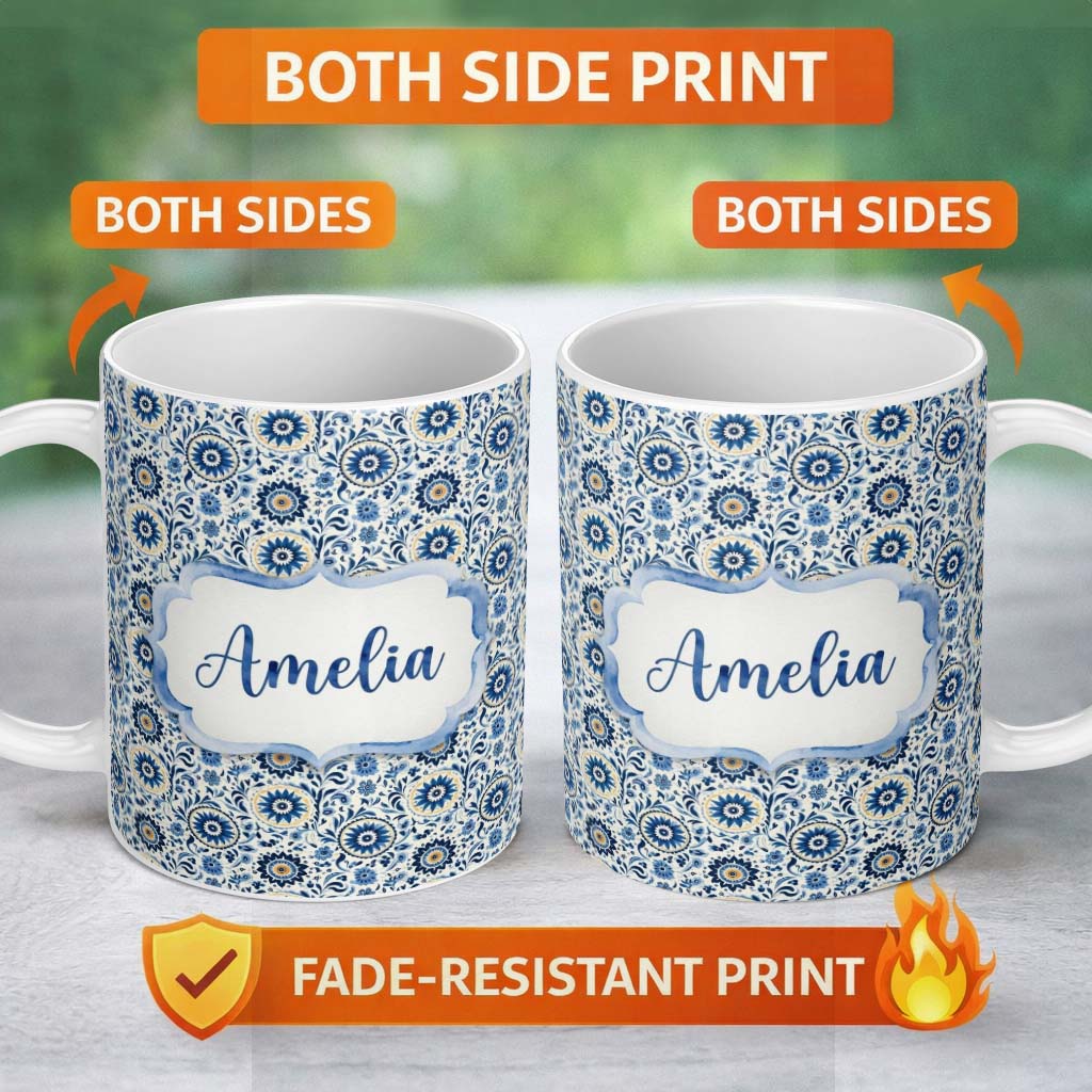 Personalized Custom Name Blue Ornamental Folk Floral Seamless Pattern Name Cute Unique Gift 11oz Ceramic Coffee Tea Mug White Large Handle