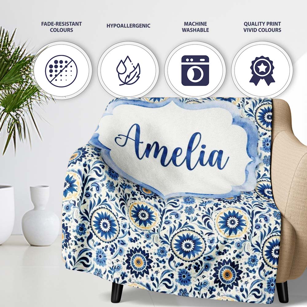 Blue Ornamental Folk Floral Seamless Pattern Name Cute Unique Gift Personalised Custom Name Super Soft Fleece Blanket Bed Sofa Throw