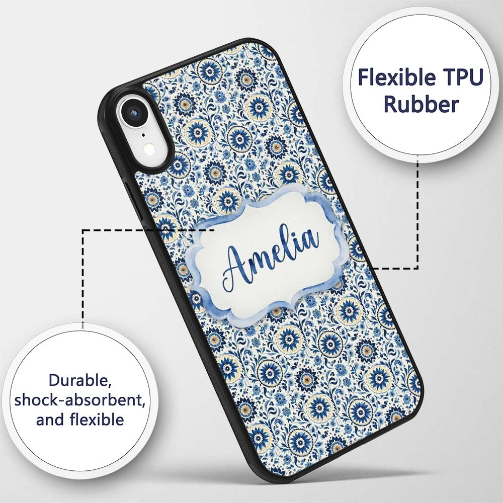Blue Ornamental Folk Floral Seamless Pattern Name Custom Name Protective Phone Case Mobile Cover Durable Everyday Smartphone Shock Resistant