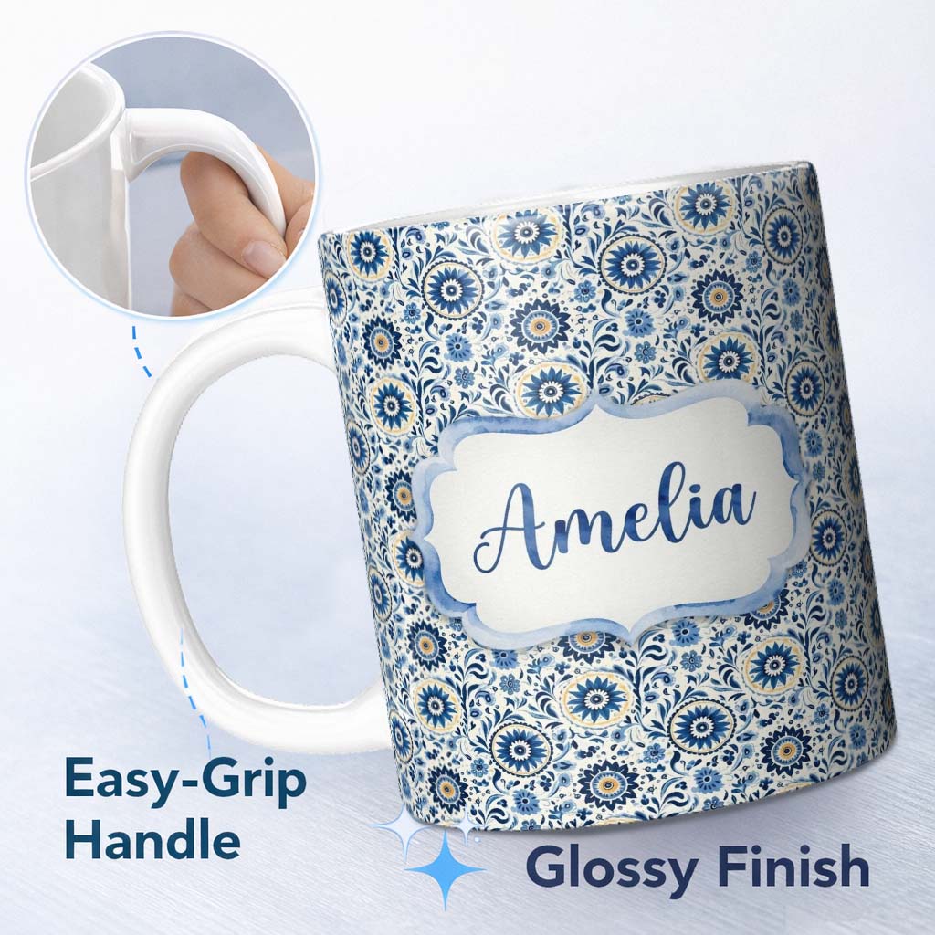 Personalized Custom Name Blue Ornamental Folk Floral Seamless Pattern Name Cute Unique Gift 11oz Ceramic Coffee Tea Mug White Large Handle