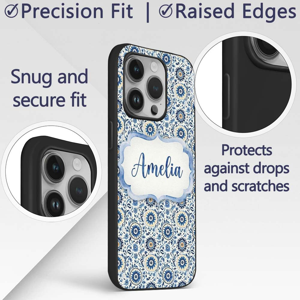 Blue Ornamental Folk Floral Seamless Pattern Name Custom Name Protective Phone Case Mobile Cover Durable Everyday Smartphone Shock Resistant