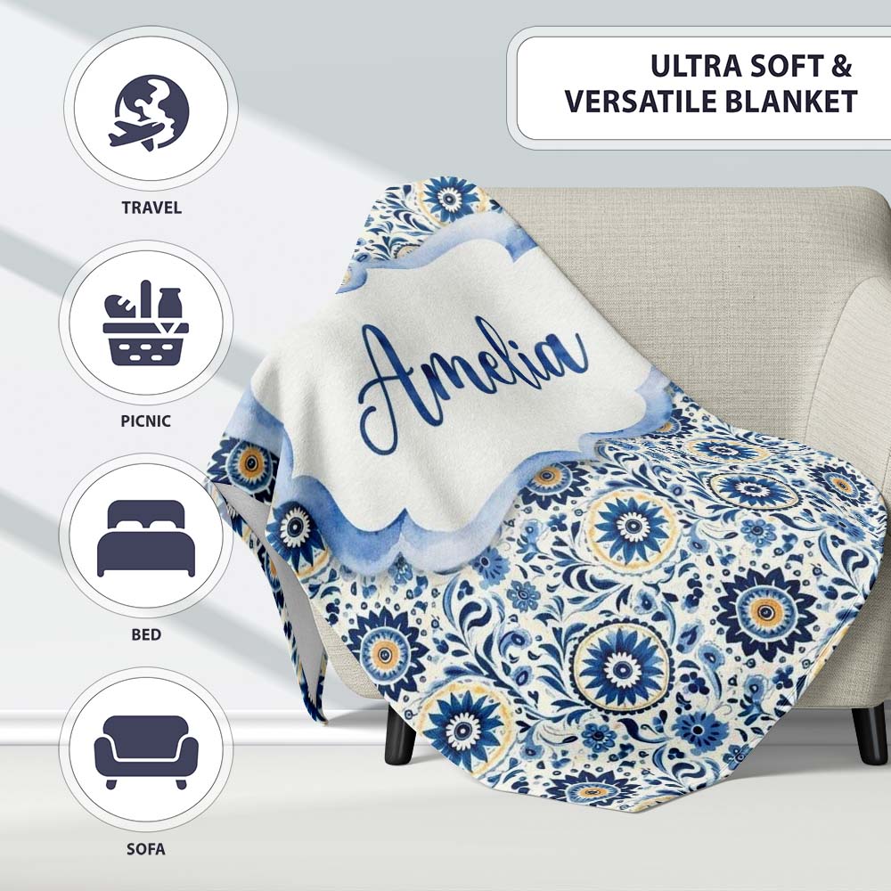 Blue Ornamental Folk Floral Seamless Pattern Name Cute Unique Gift Personalised Custom Name Super Soft Fleece Blanket Bed Sofa Throw