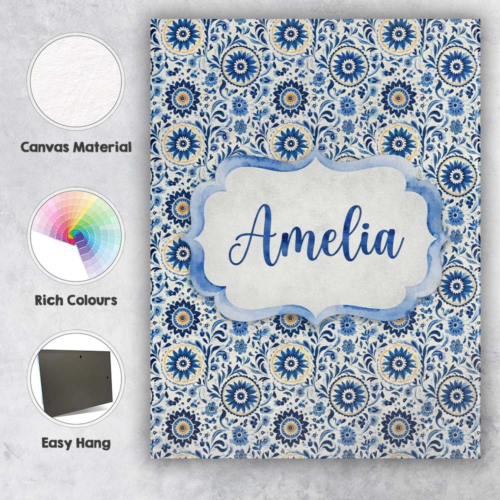 Personalised Name Blue Ornamental Folk Custom Modern Room Accent Elegant Feature Canvas Wall Art Print Decor Picture Ready to Hang