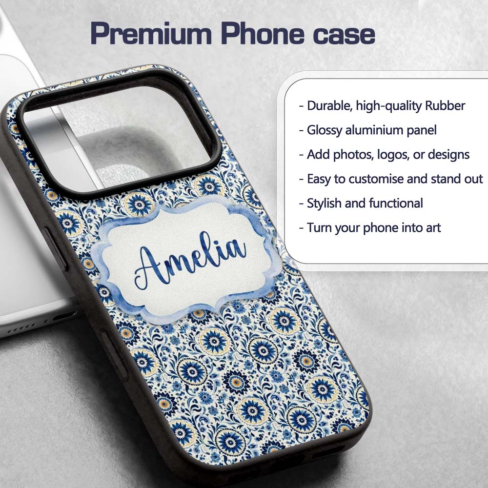 Blue Ornamental Folk Floral Seamless Pattern Name Custom Name Protective Phone Case Mobile Cover Durable Everyday Smartphone Shock Resistant