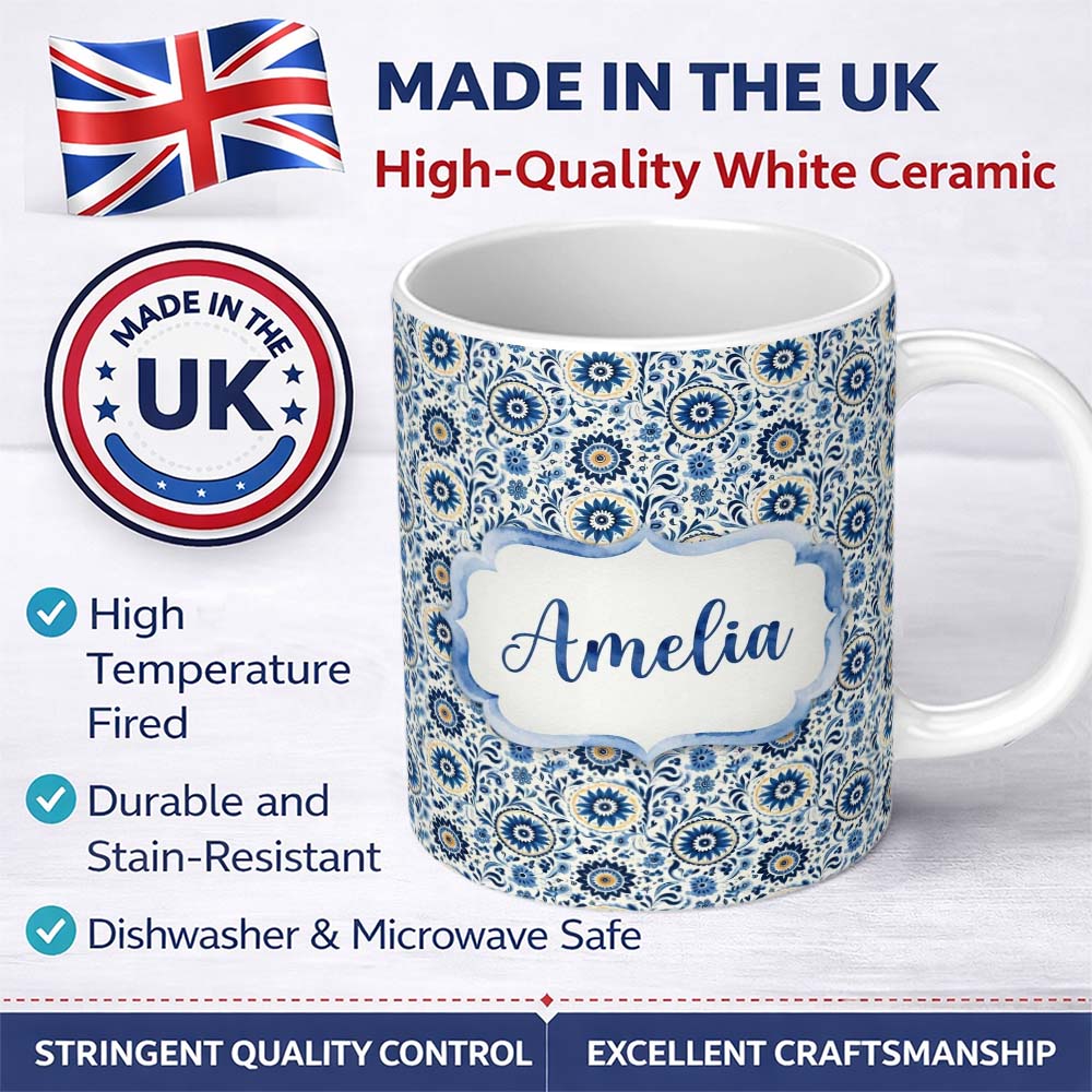 Personalized Custom Name Blue Ornamental Folk Floral Seamless Pattern Name Cute Unique Gift 11oz Ceramic Coffee Tea Mug White Large Handle