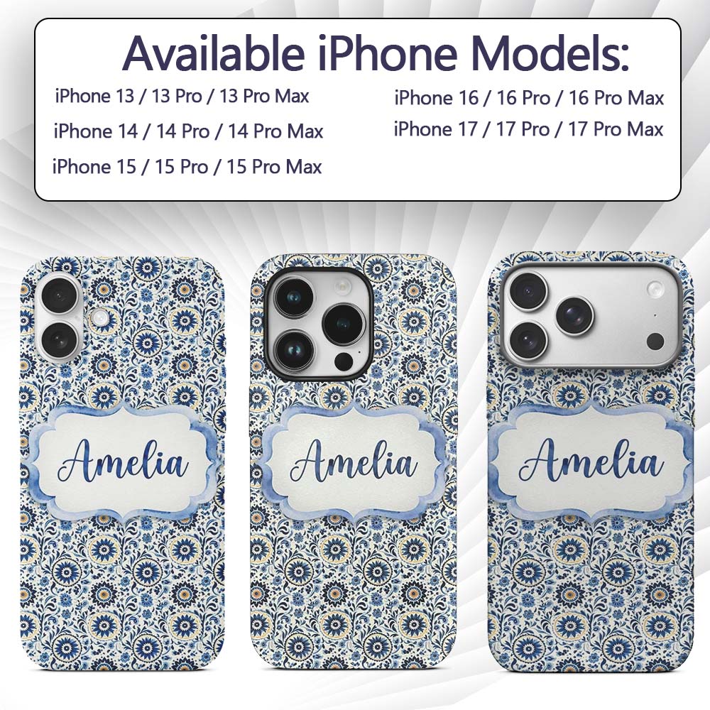 Blue Ornamental Folk Floral Seamless Pattern Name Custom Name Protective Phone Case Mobile Cover Durable Everyday Smartphone Shock Resistant