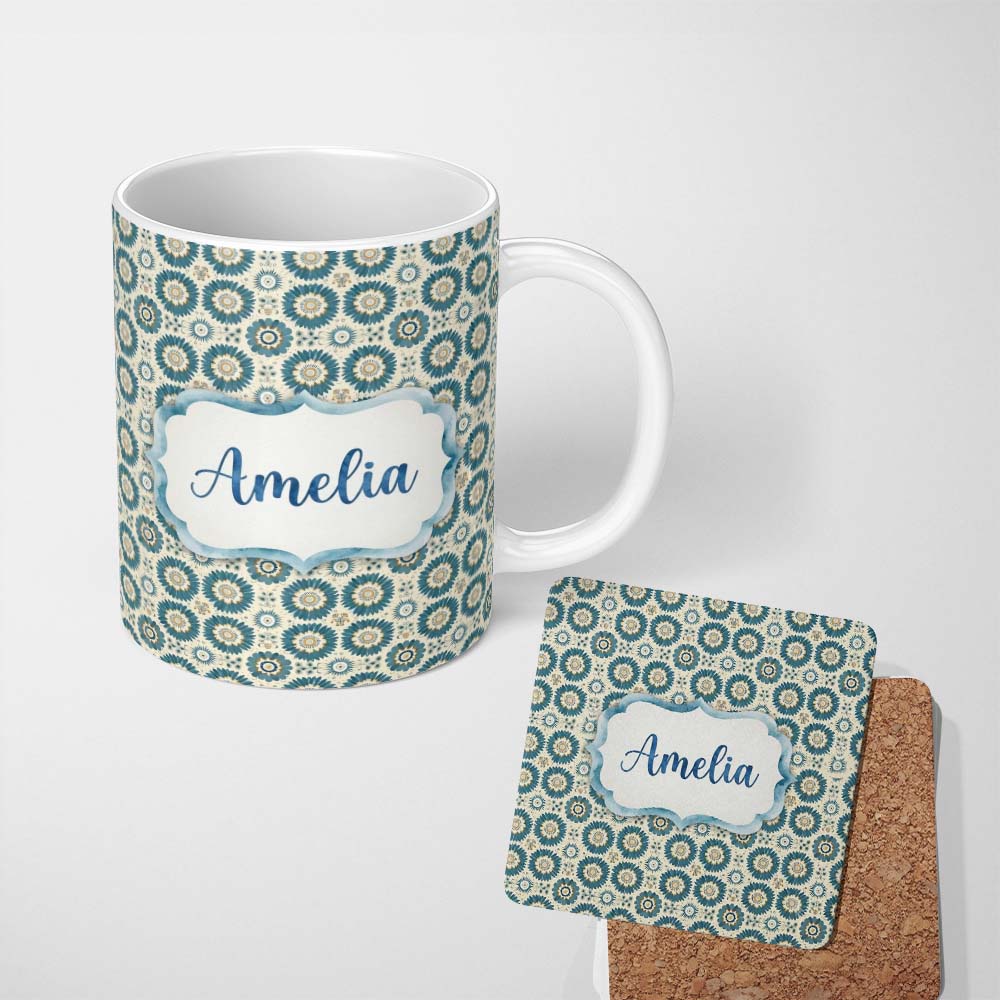 Personalized Custom Name Teal Daisy Floral Repeat Seamless Pattern Name Cute Unique Gift 11oz Ceramic Coffee Tea Mug White Large Handle