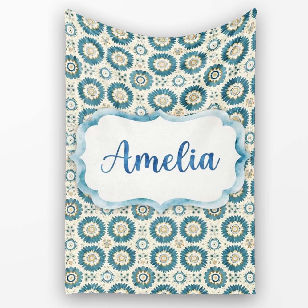Teal Daisy Floral Repeat Seamless Pattern Name Cute Unique Gift Personalised Custom Name Super Soft Fleece Blanket Bed Sofa Throw