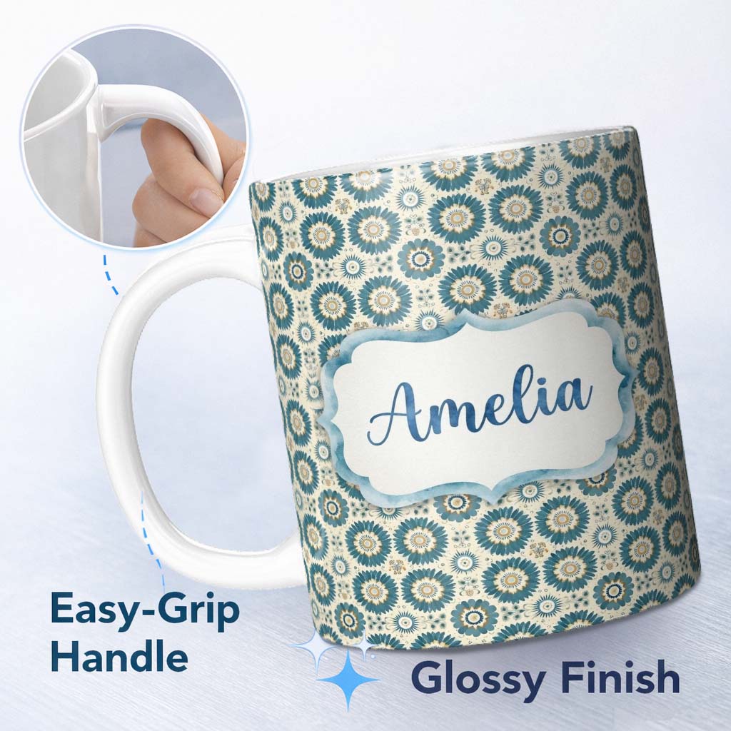 Personalized Custom Name Teal Daisy Floral Repeat Seamless Pattern Name Cute Unique Gift 11oz Ceramic Coffee Tea Mug White Large Handle