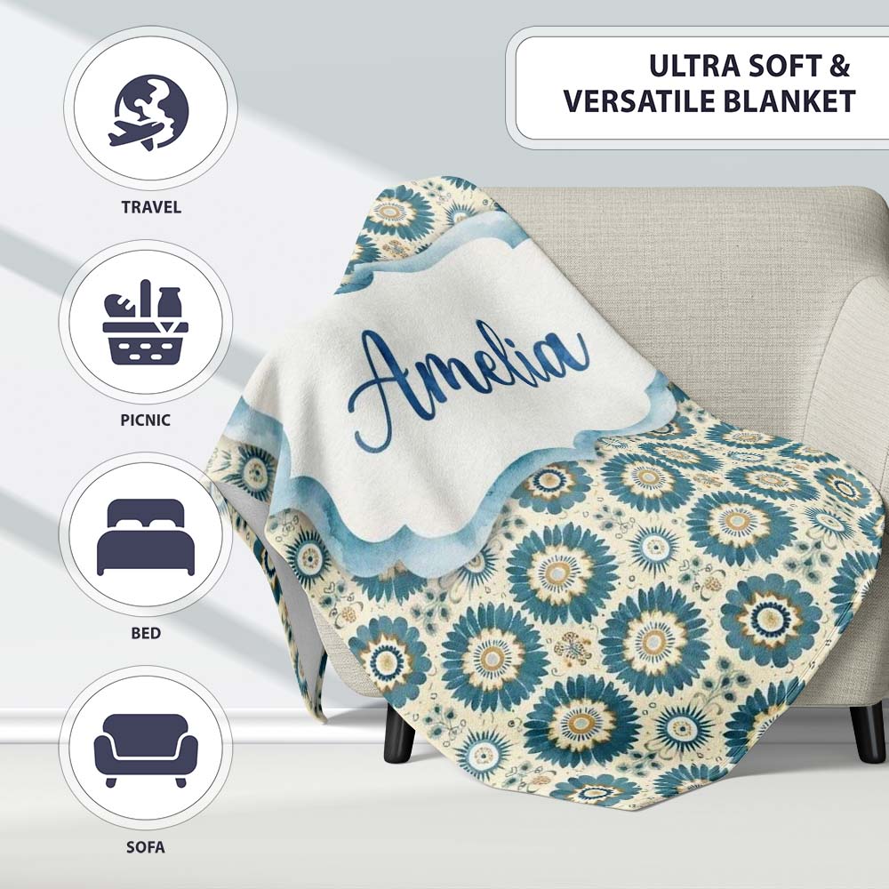 Teal Daisy Floral Repeat Seamless Pattern Name Cute Unique Gift Personalised Custom Name Super Soft Fleece Blanket Bed Sofa Throw