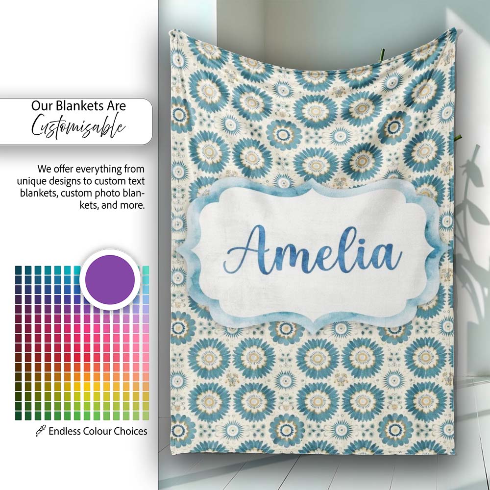 Teal Daisy Floral Repeat Seamless Pattern Name Cute Unique Gift Personalised Custom Name Super Soft Fleece Blanket Bed Sofa Throw