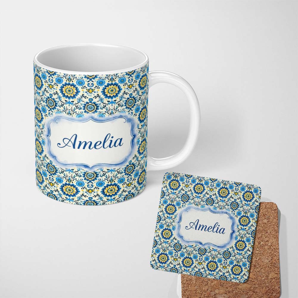 Personalized Custom Name Blue Yellow Folk Art Floral Seamless Pattern Name Cute Unique Gift 11oz Ceramic Coffee Tea Mug White Large Handle
