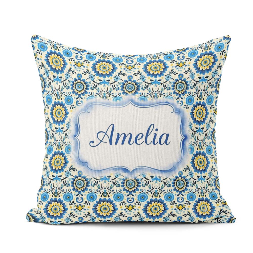 Custom Name Blue Yellow Folk Art Floral Seamless Pattern Name Square Filled Cushion Throw Pillow Sofa Bed Home Decor Zip Washable UK Made