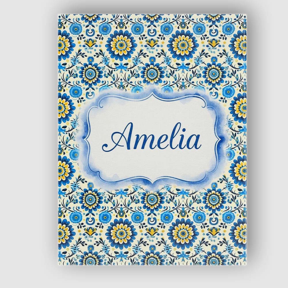 Personalised Name Blue Yellow Folk Custom Stylish Home Interior Unique Gift Idea Canvas Wall Art Print Decor Picture Ready to Hang