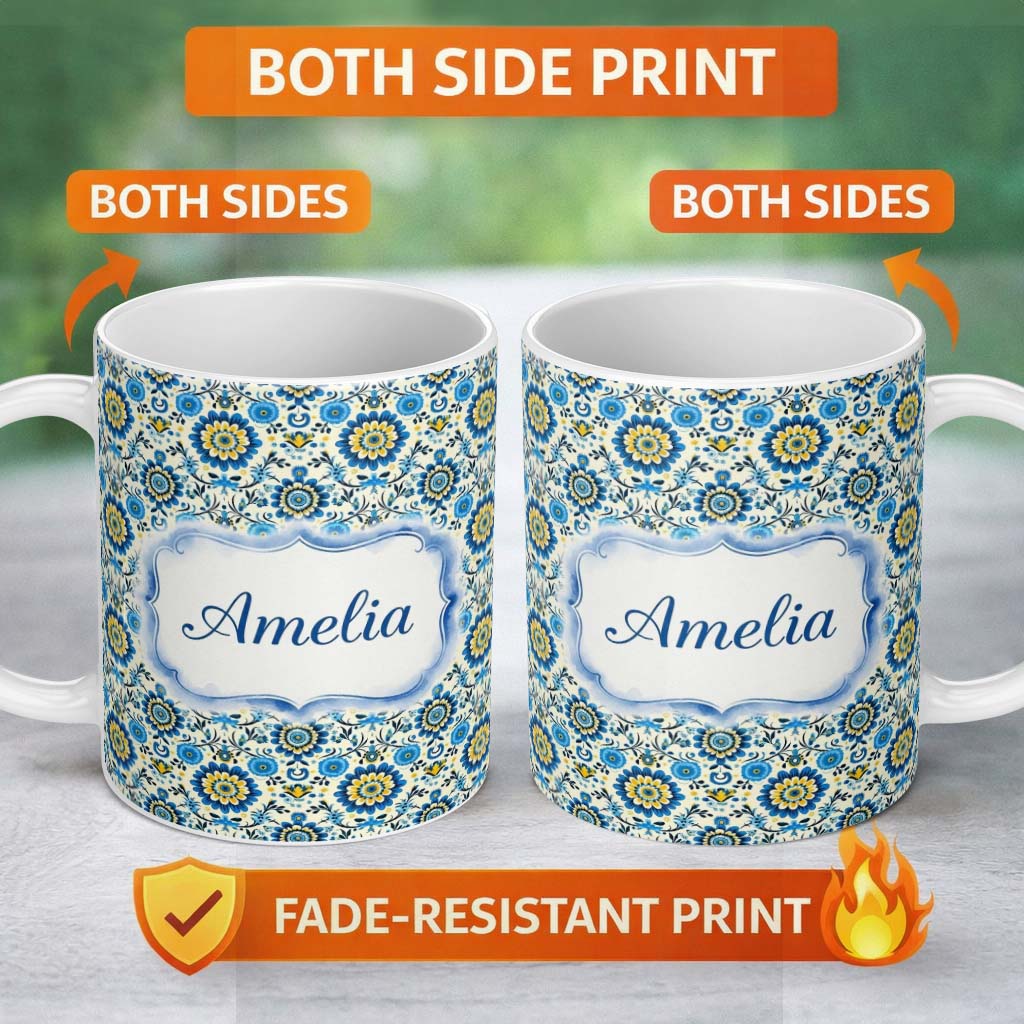Personalized Custom Name Blue Yellow Folk Art Floral Seamless Pattern Name Cute Unique Gift 11oz Ceramic Coffee Tea Mug White Large Handle
