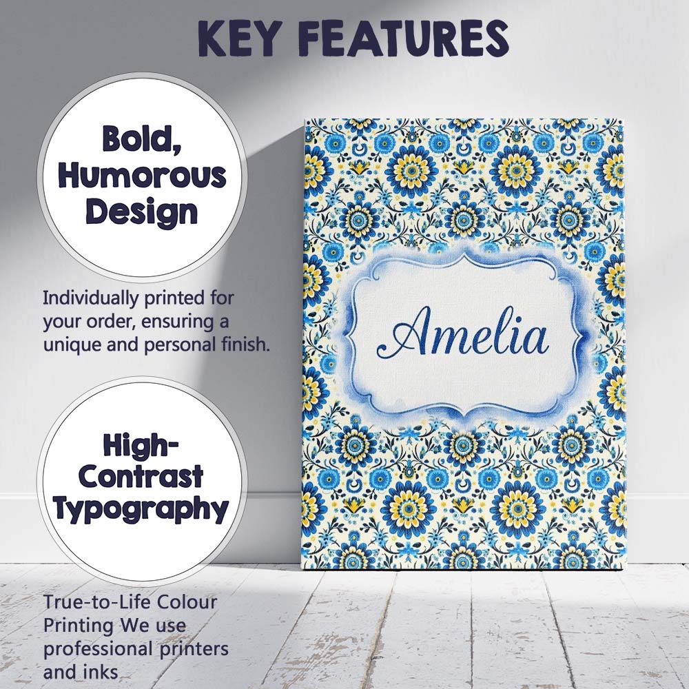 Personalised Name Blue Yellow Folk Custom Stylish Home Interior Unique Gift Idea Canvas Wall Art Print Decor Picture Ready to Hang