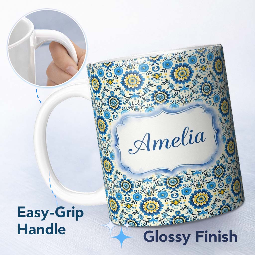 Personalized Custom Name Blue Yellow Folk Art Floral Seamless Pattern Name Cute Unique Gift 11oz Ceramic Coffee Tea Mug White Large Handle