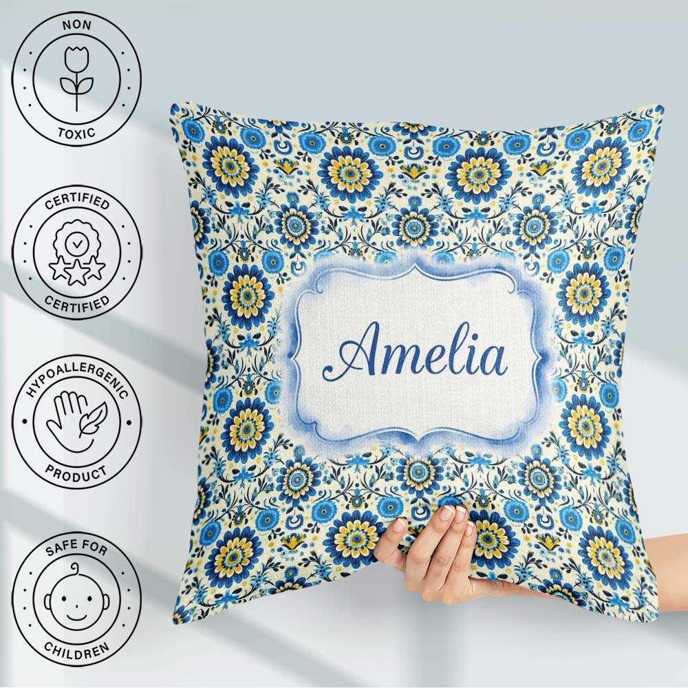 Custom Name Blue Yellow Folk Art Floral Seamless Pattern Name Square Filled Cushion Throw Pillow Sofa Bed Home Decor Zip Washable UK Made
