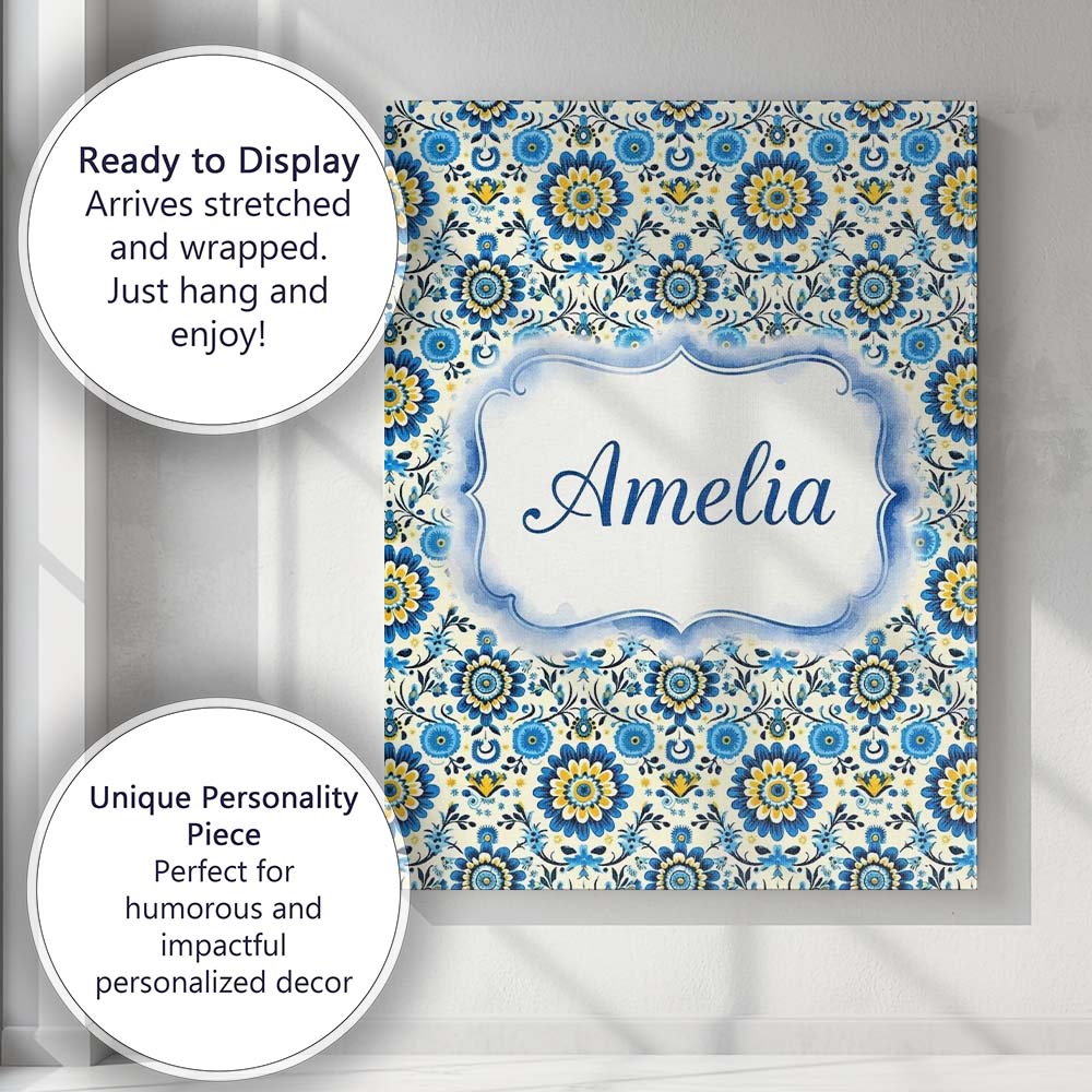 Personalised Name Blue Yellow Folk Custom Stylish Home Interior Unique Gift Idea Canvas Wall Art Print Decor Picture Ready to Hang
