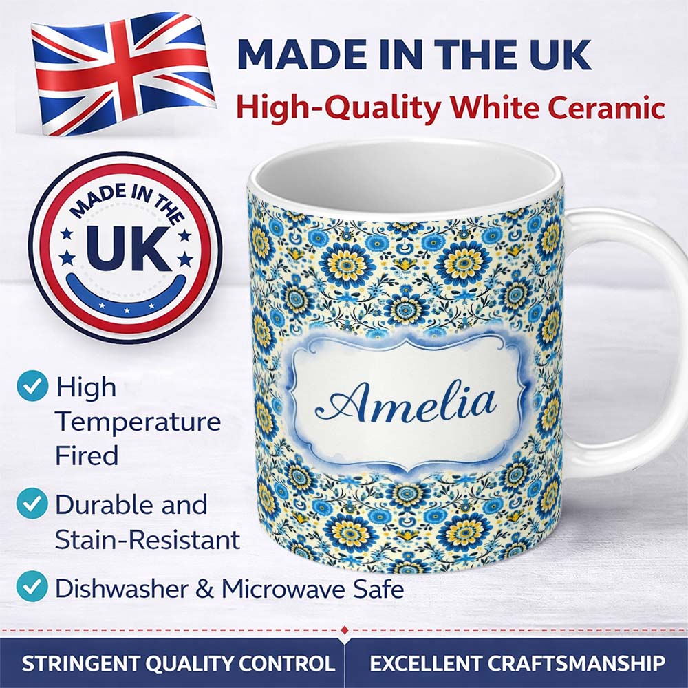 Personalized Custom Name Blue Yellow Folk Art Floral Seamless Pattern Name Cute Unique Gift 11oz Ceramic Coffee Tea Mug White Large Handle