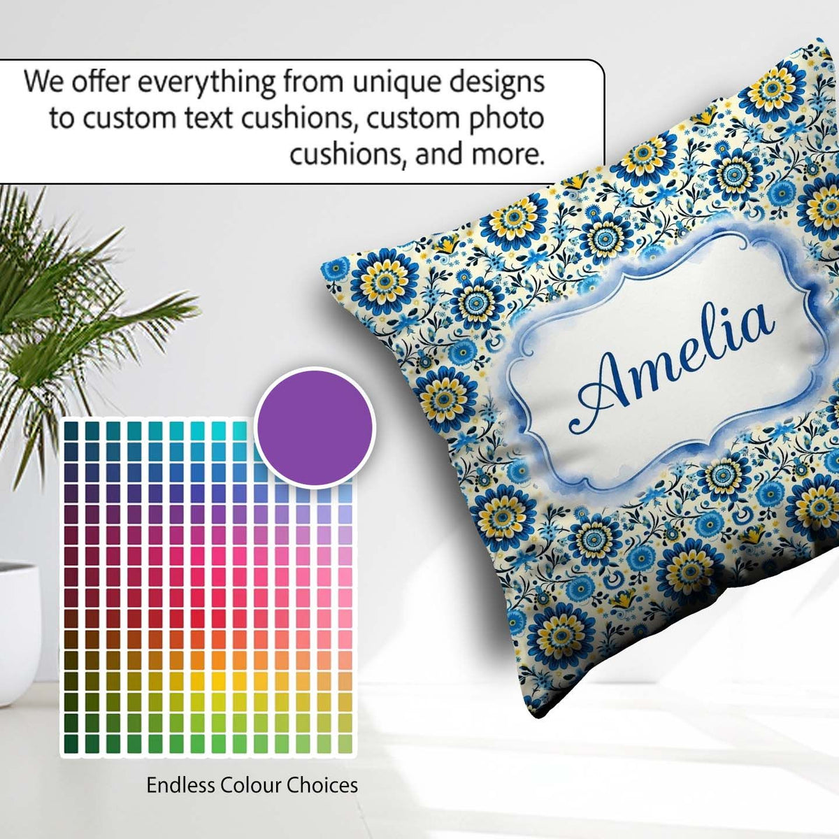 Custom Name Blue Yellow Folk Art Floral Seamless Pattern Name Square Filled Cushion Throw Pillow Sofa Bed Home Decor Zip Washable UK Made