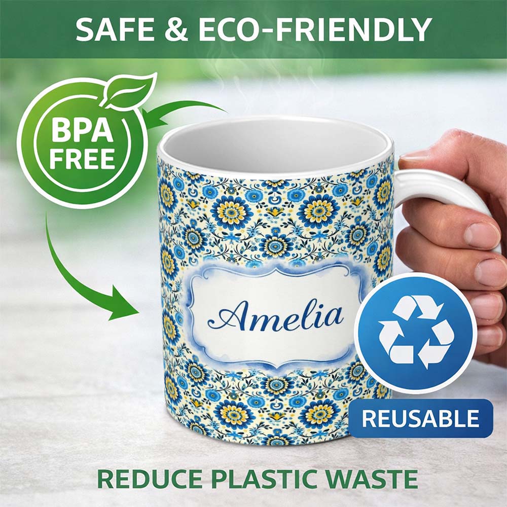 Personalized Custom Name Blue Yellow Folk Art Floral Seamless Pattern Name Cute Unique Gift 11oz Ceramic Coffee Tea Mug White Large Handle