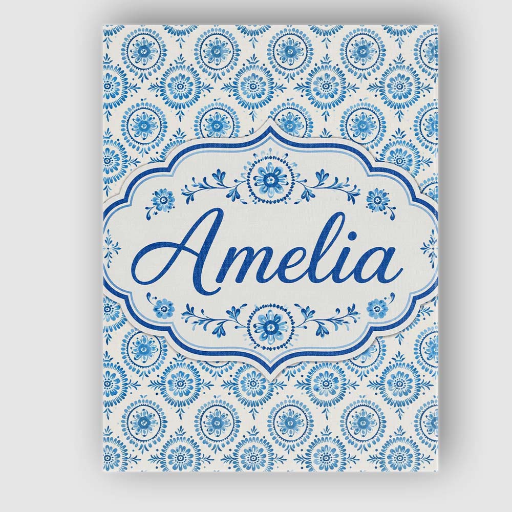 Personalised Name Light Blue Floral Medallion Custom Unique Gift Idea Modern Room Accent Canvas Wall Art Print Decor Picture Ready to Hang