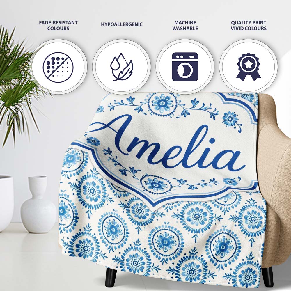 Light Blue Floral Medallion Tile Seamless Pattern Name Cute Unique Personalised Custom Name Super Soft Fleece Blanket Bed Sofa Throw