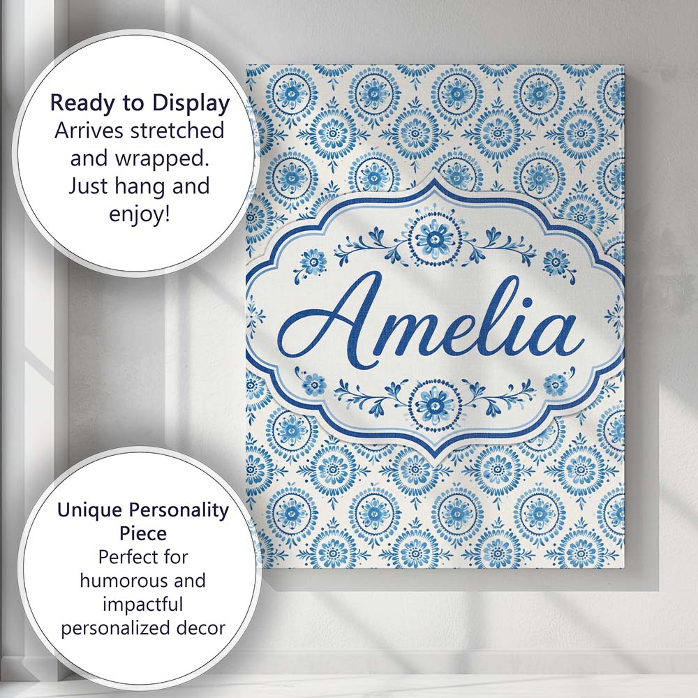 Personalised Name Light Blue Floral Medallion Custom Unique Gift Idea Modern Room Accent Canvas Wall Art Print Decor Picture Ready to Hang