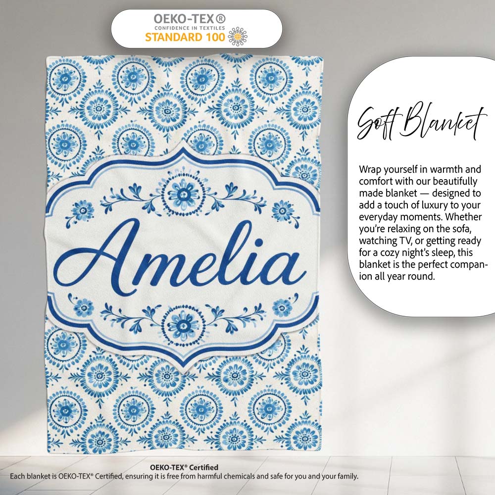 Light Blue Floral Medallion Tile Seamless Pattern Name Cute Unique Personalised Custom Name Super Soft Fleece Blanket Bed Sofa Throw
