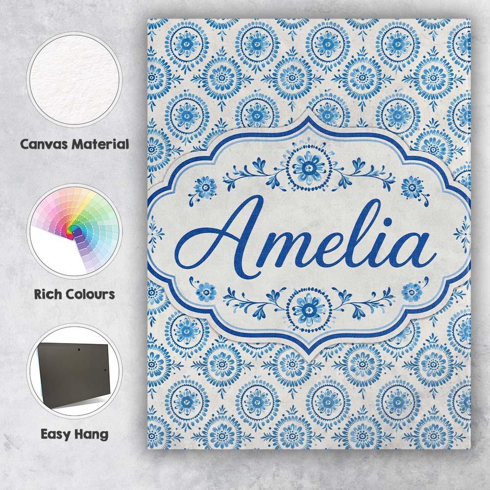 Personalised Name Light Blue Floral Medallion Custom Unique Gift Idea Modern Room Accent Canvas Wall Art Print Decor Picture Ready to Hang